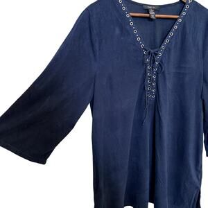 STYLE&CO Navy Faux Suede 3/4 Sleeve Tunic Size XL Boho Biker Grunge Festival